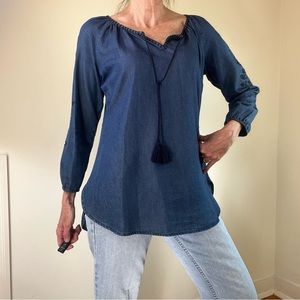 Boho Denim Embroidered Peasant Tie Tunic Top